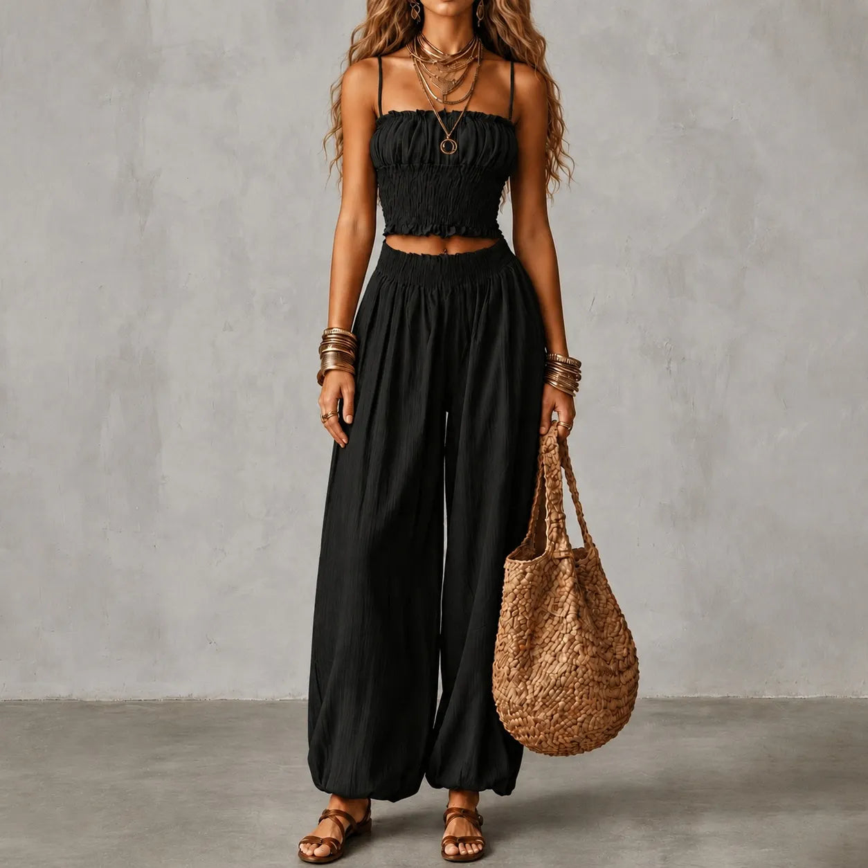 Cardydony Elegance Strapless Cropped Tank Top With Elastic Waistband Lantern Pants Two-piece Set