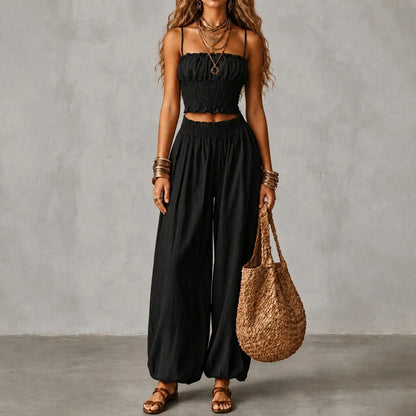 Cardydony Elegance Strapless Cropped Tank Top With Elastic Waistband Lantern Pants Two-piece Set