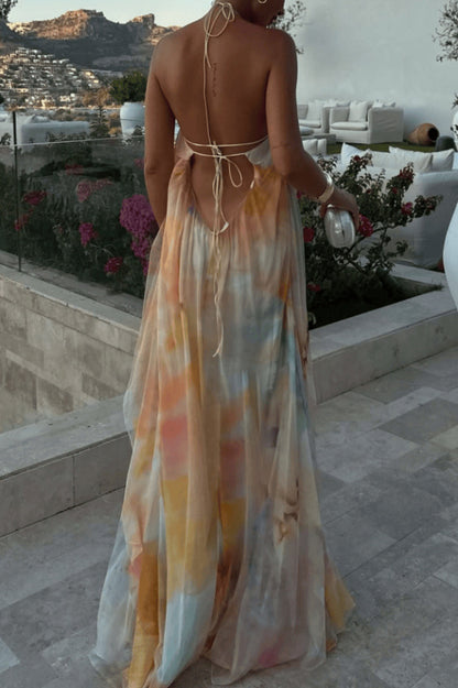 Cardydony Women's Fashionable Tie-dye Halter Neck Backless Loose Vacation Maxi Dress