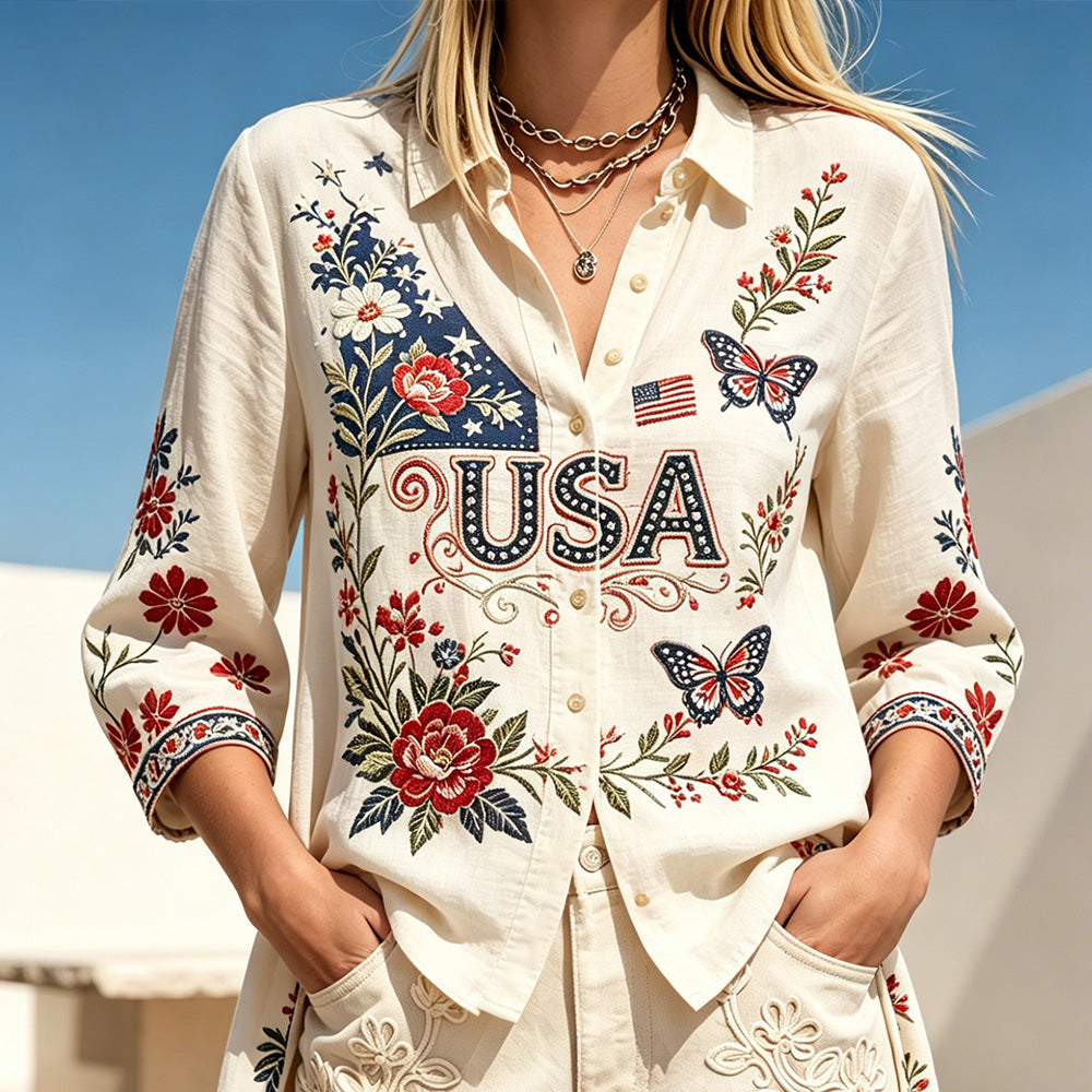 Cardydony Boho Floral Embroidered American Flag Blouse For Women Independence Day Lace Trim Long Sleeve Top