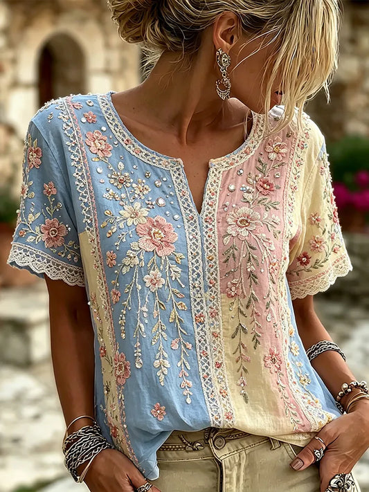 Cardydony Women's Floral And Lace Embroidery Art Patchwork Comfortable Casual V-neck Top