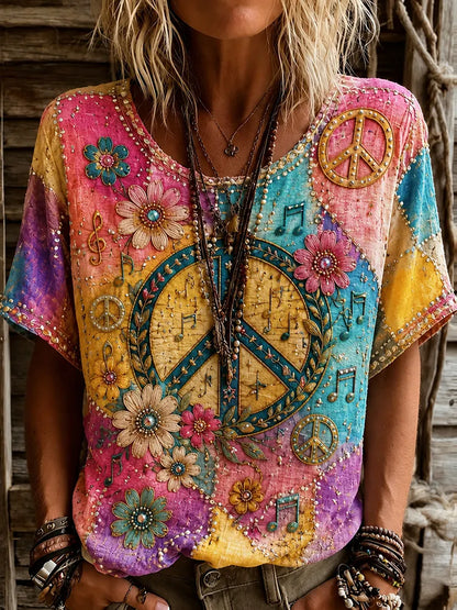 Cardydony Women's Vintage Hippie Floral Art Crew Neck Short Sleeve Linen Blend T-shirt