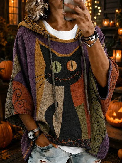 Cardydony Women's Halloween Black Cat Color Blocking Art Print Casual Hoodie