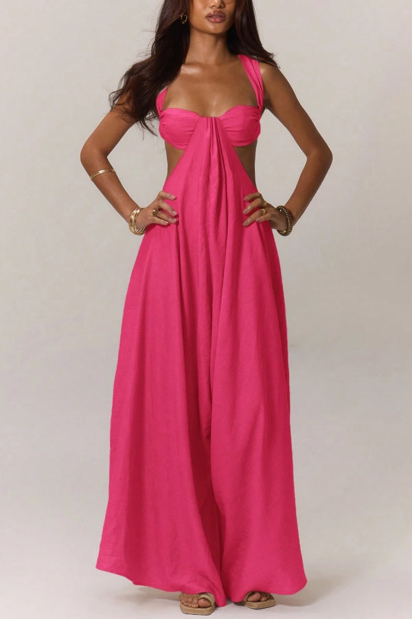 Cardydony Women's Solid Color Casual Camisole Loose Stretch Wide-leg Jumpsuit