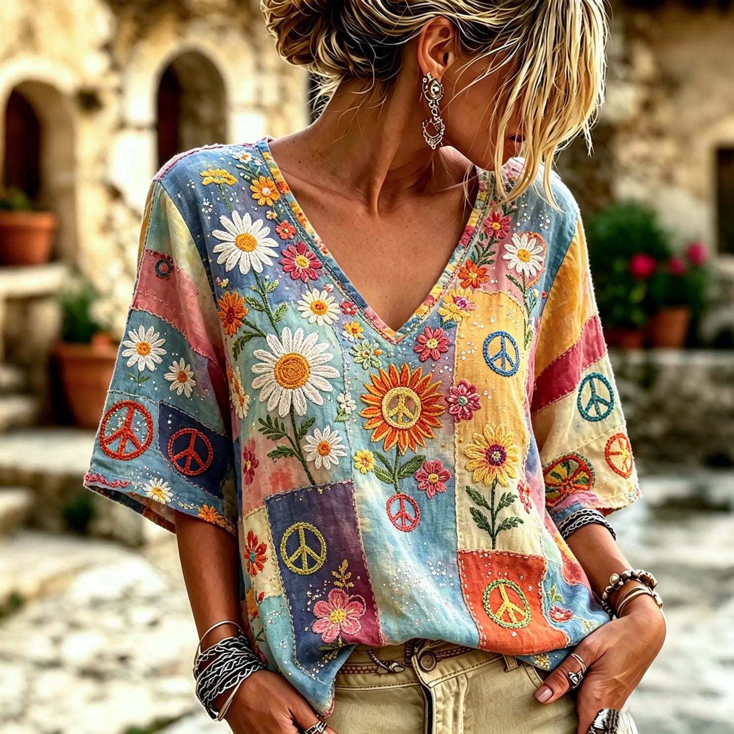 Cardydony Women's Retro Peace Logo Floral Embroidery Patchwork Art V-neck Short Sleeve T-shirt
