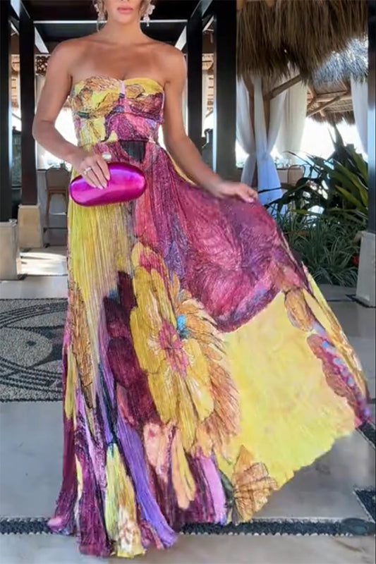 Cardydony Women's Vibrant and Bold Floral Print Sweetheart Neck Pleated Maxi Dress