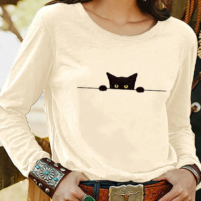 Cardydony Women's Casual Funny Black Cat Print T-shirt