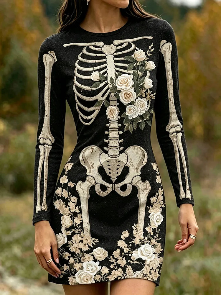 Cardydony Women's Gothic Skeleton With White Floral Art Print Bodycon Mini Dress