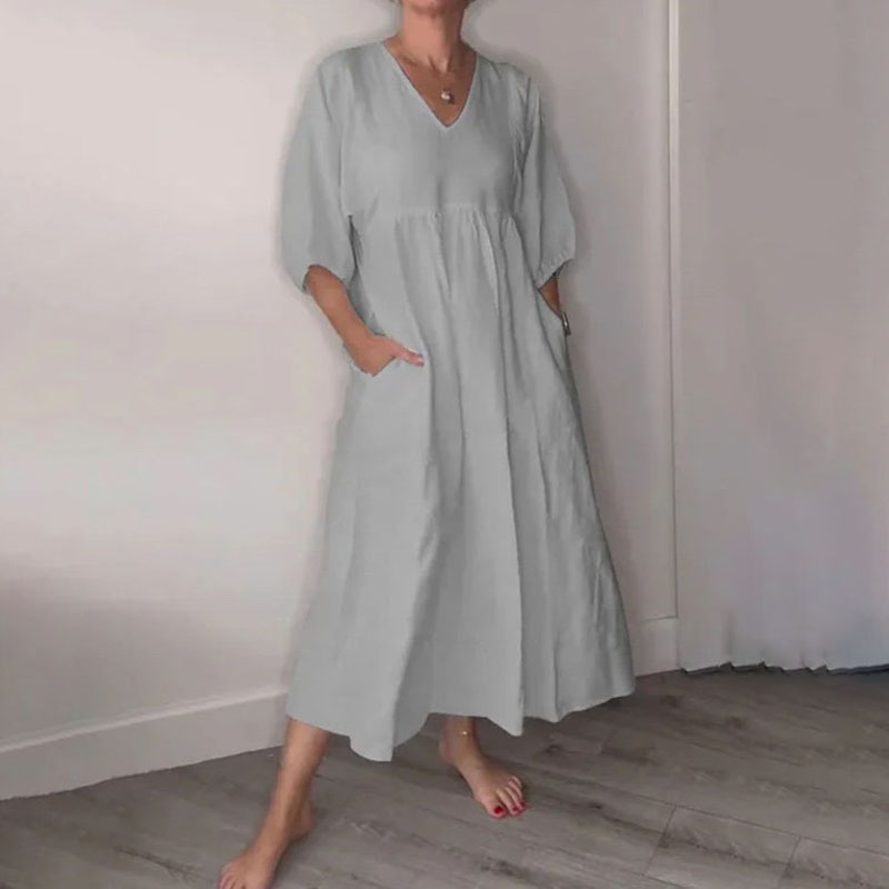 Cardydony Casual Cotton Linen Deep V-neck Pleated Solid Color Pocket Dress