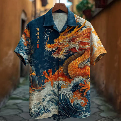 Cardydony Men's Japanese Dragon Pattern Linen Blend Casual Shirt