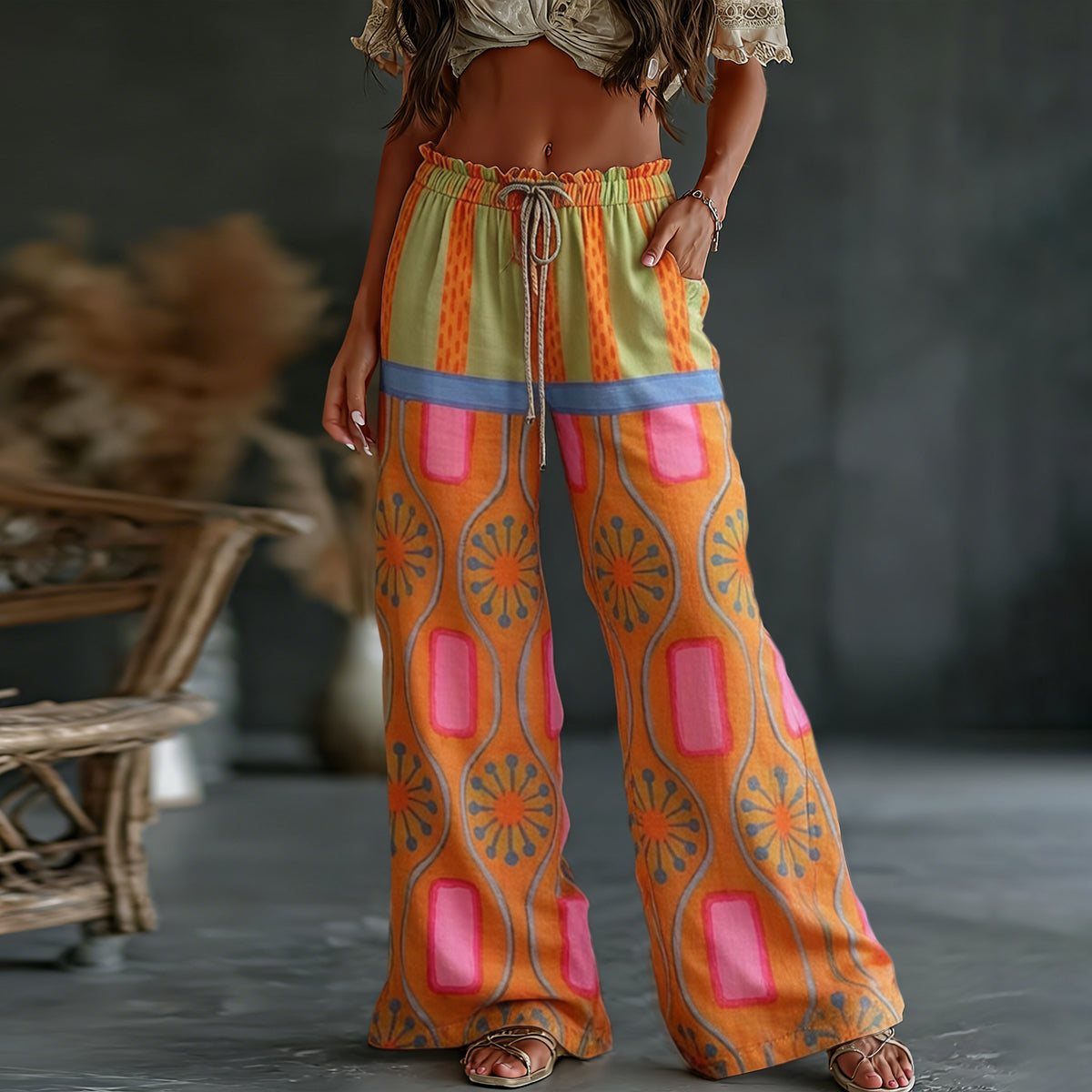 Cardydony Women's Retro Colorful Patchwork Art Print Flowy Linen Blend Casual Pants