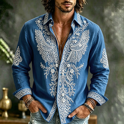 Cardydony Men's Spring Summer Viking Tribal Jacquard Wings And Floral Inspired Art Flowy Linen Blend Shirt