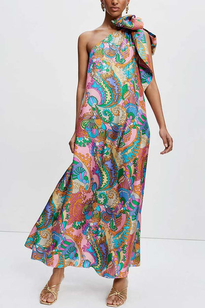 Cardydony Women's Rainbow Breeze Satin Unique Print Bow One Shoulder Loose Maxi Dress