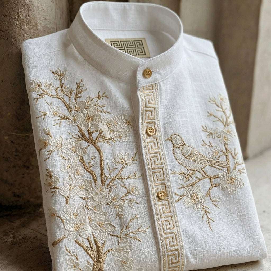 Cardydony Retro Cherry Blossom And Bird Pattern Short-sleeve Shirt