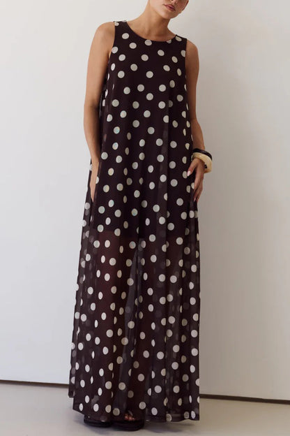 Cardydony Women's  Polka Dot Print Loose Round Neck Sleeveless Mesh Casual Maxi Dress
