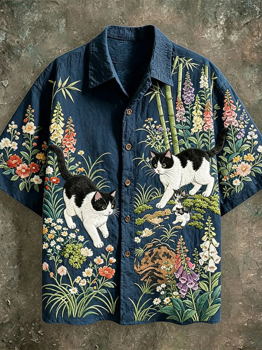 Cardydony Oriental Bamboo Floral Cat 3d Embroidery Camp Collar Short Sleeve Shirt, Retro Chinese Garden Animal Embroidery Cotton Linen Button Down Shirt