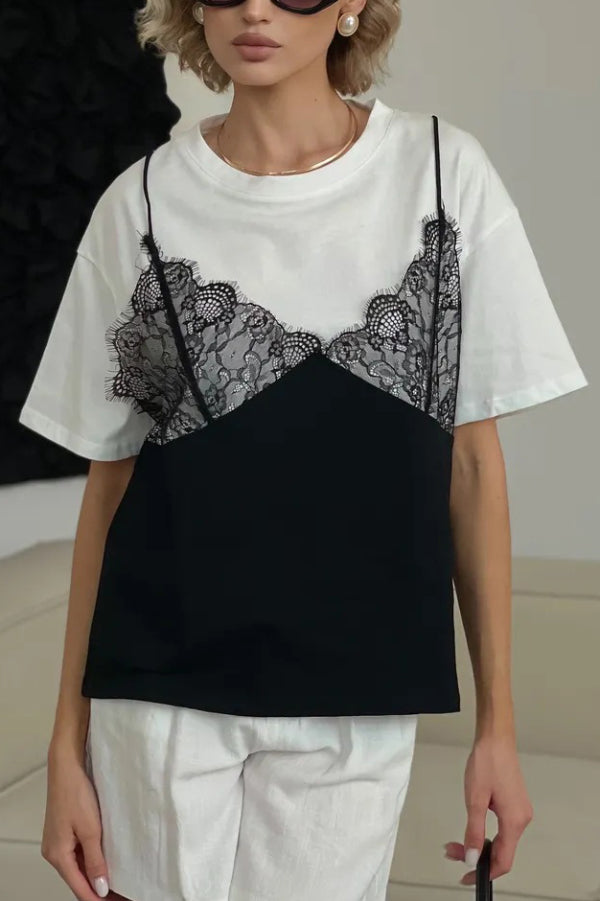 Cardydony Women's Fashionable Lace Patchwork Loose-fitting Round Neck Short-sleeved T-shirt
