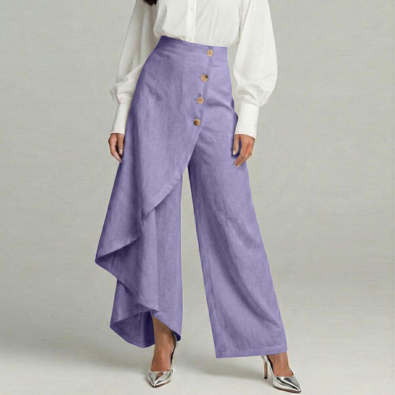 Cardydony Women's Casual Retro Irregular Ruffles Button Cotton And Linen Pants