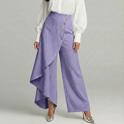 Cardydony Women's Casual Retro Irregular Ruffles Button Cotton And Linen Pants