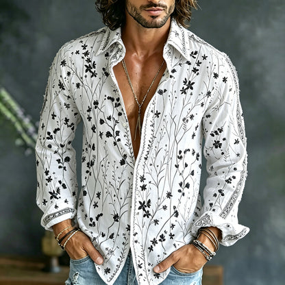 Cardydony Men's Retro Floral Embroidered Art Print Flowy Linen Blend Shirt