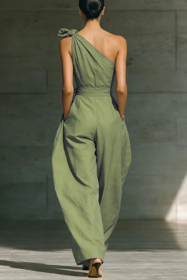 Cardydony Women's Solid Color Sleeveless One-shoulder Fitted Waist Casual Pocket Loose Wide-leg Jumpsuit