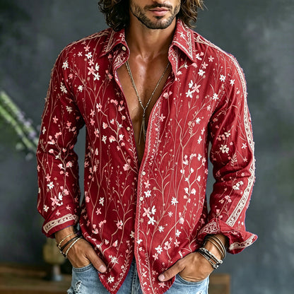 Cardydony Men's Retro Floral Embroidered Art Print Flowy Linen Blend Shirt