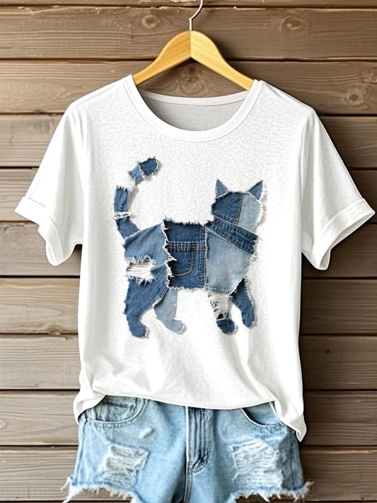 Cardydony Women's Cute Cat Denim Patchwork Art T-shirt