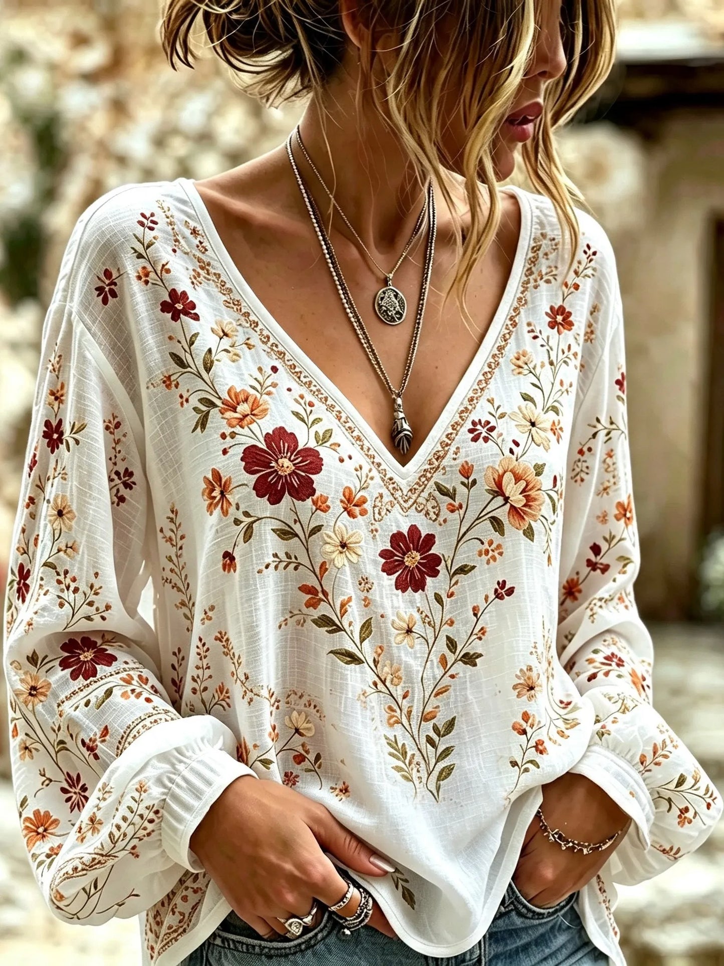 Cardydony Women's Bohemian Floral Print Cotton Linen Top