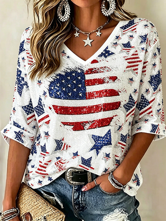 Cardydony Women's Vintage Independence Day Anniversary Heart Art Print T-shirt