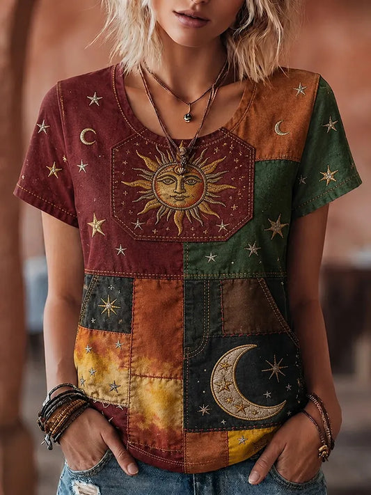 Cardydony Women's Retro Hippie Sun, Moon And Stars Patchwork Art Crew Neck T-shirt