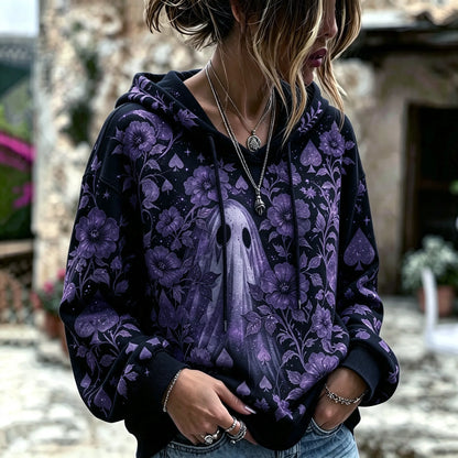 Cardydony Women's Bohemian Halloween Ghost And Floral Print Hoodie