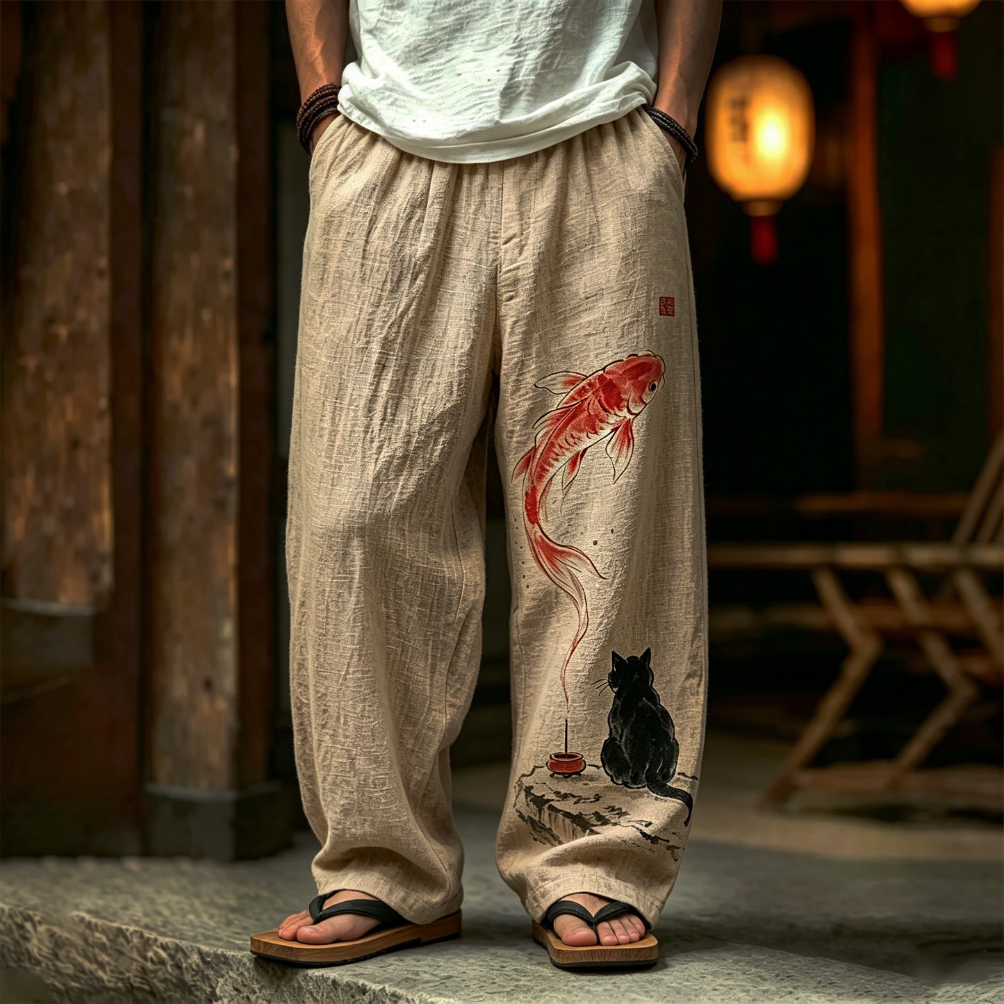 Cardydony Men's Retro Japanese Cat And Koi Print Cotton Linen Comfortable Casual Trousers