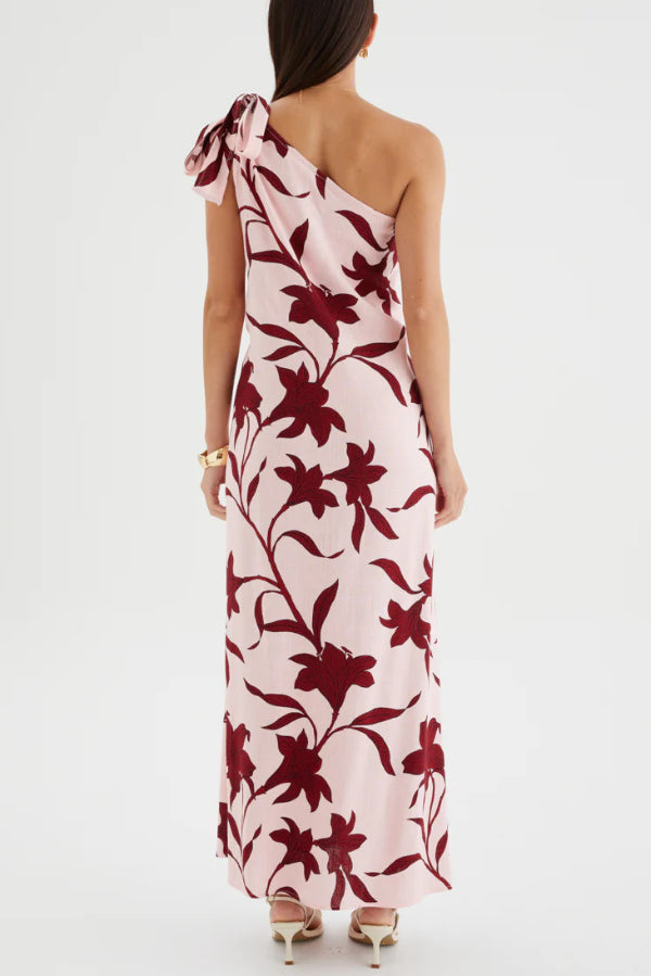 Cardydony Women's Botanical Print Sleeveless One-shoulder Tie-up Casual Vacation Maxi Dress