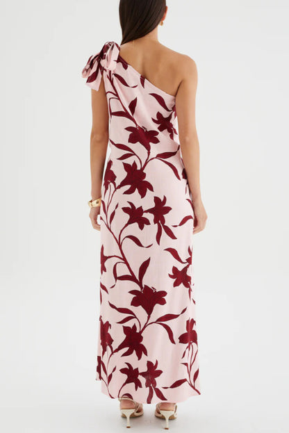 Cardydony Women's Botanical Print Sleeveless One-shoulder Tie-up Casual Vacation Maxi Dress
