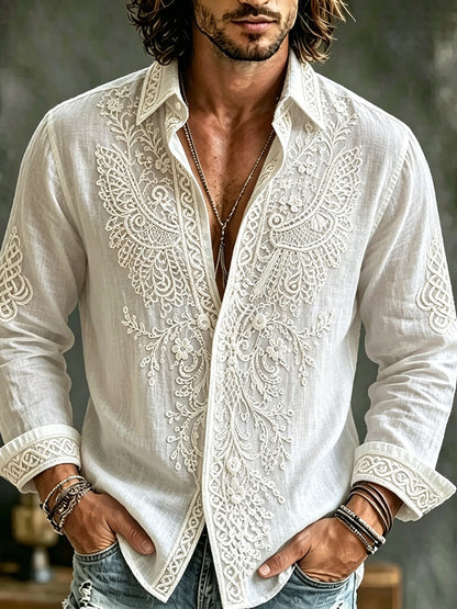 Cardydony Men's Spring Summer Viking Tribal Jacquard Wings And Floral Inspired Art Flowy Linen Blend Shirt