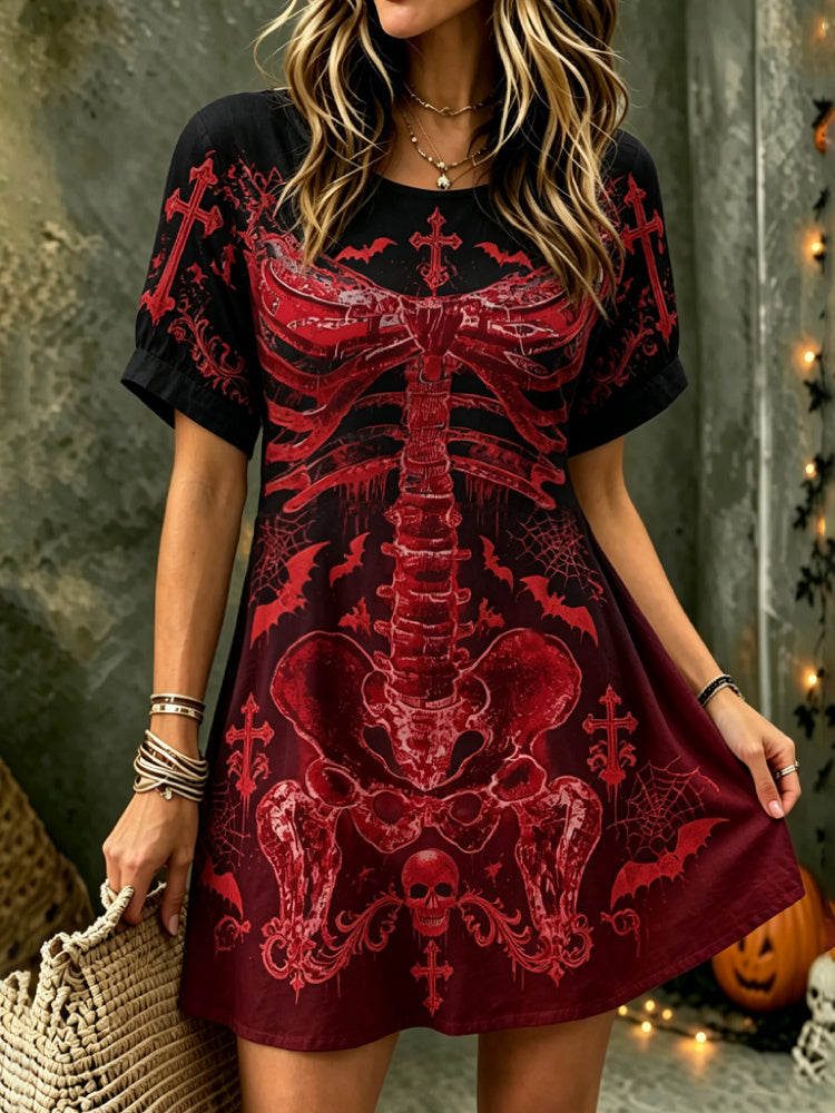 Cardydony Women's Gothic Halloween Skeleton Bat Gradient Short Sleeve Dress