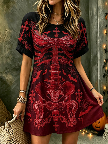 Cardydony Women's Gothic Halloween Skeleton Bat Gradient Short Sleeve Dress