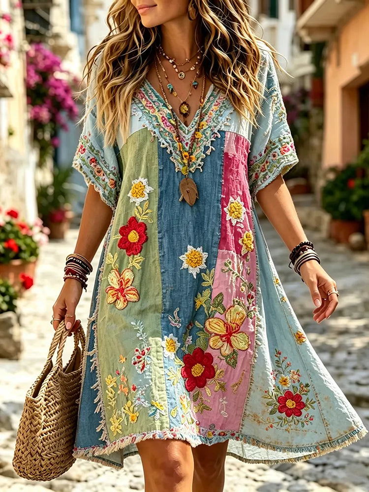 Cardydony Women's Retro Floral Patchwork Art Cotton Linen Casual Dress