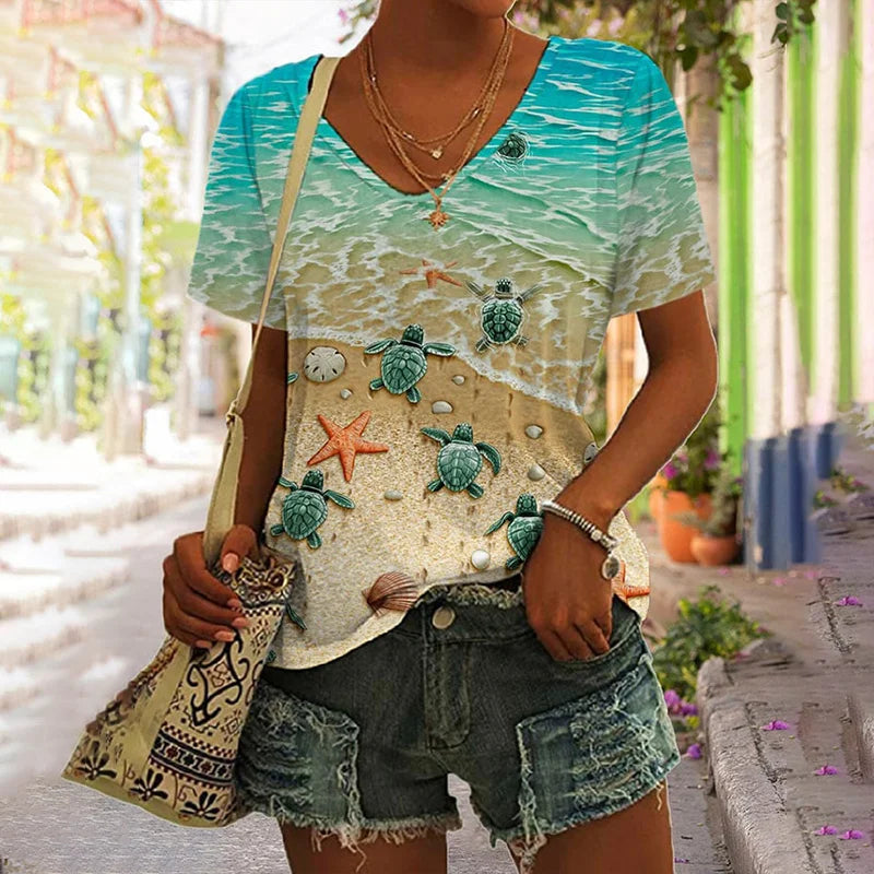Cardydony Turtle Sea Print V Neck Short Sleeve T-Shirt