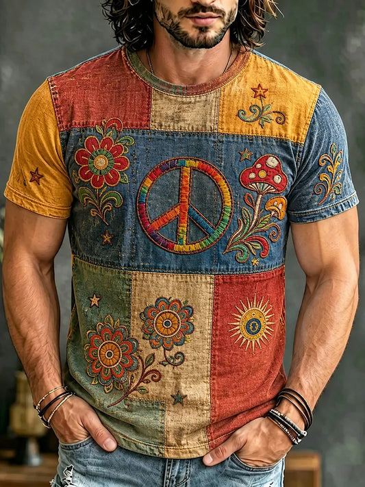 Cardydony Men's Vintage Hippie Flower Peace Art Patchwork Design Short Sleeve T-shirt