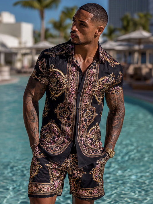 Cardydony Men's Fashion Baroque Pattern Cuban Shirt And Shorts Two-piece Set
