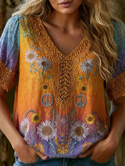 Cardydony Hippie Peace Symbol And Floral Embroidery Art Distressed Gradient Embroidery V-neck Short-sleeved Top