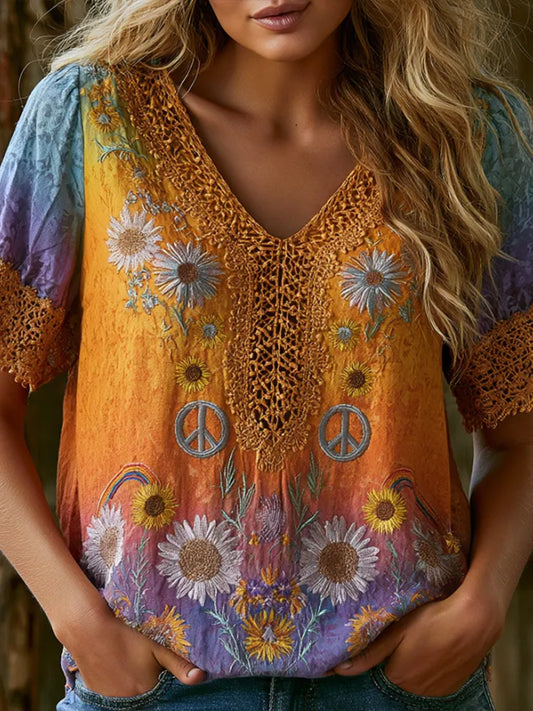 Cardydony Hippie Peace Symbol And Floral Embroidery Art Distressed Gradient Embroidery V-neck Short-sleeved Top