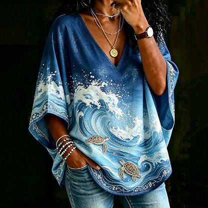 Cardydony Women's Ocean Turtle Art Print V-neck Loose T-shirt