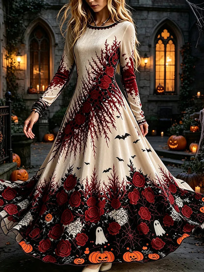 Cardydony Women's Retro Halloween Gothic Floral Print Velvet Long-sleeved Dress