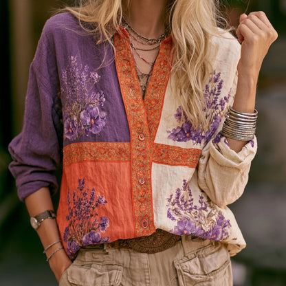 Cardydony Women's Retro Purple Floral Color-blocked Casual Long-sleeved Shirt