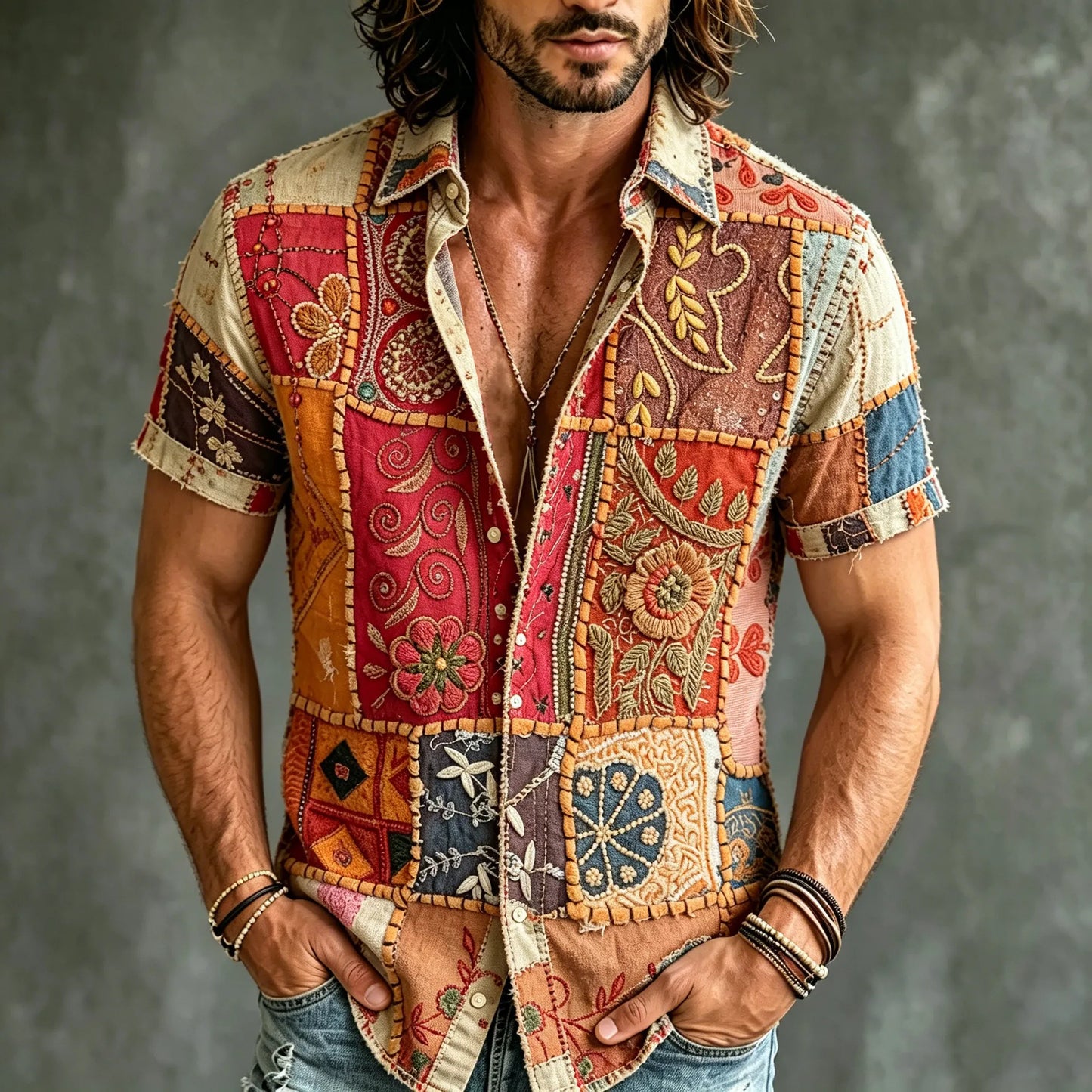 Cardydony Men's Retro Bohemian Hippie Style Floral Patchwork Embroidered Print Short-sleeve Shirt