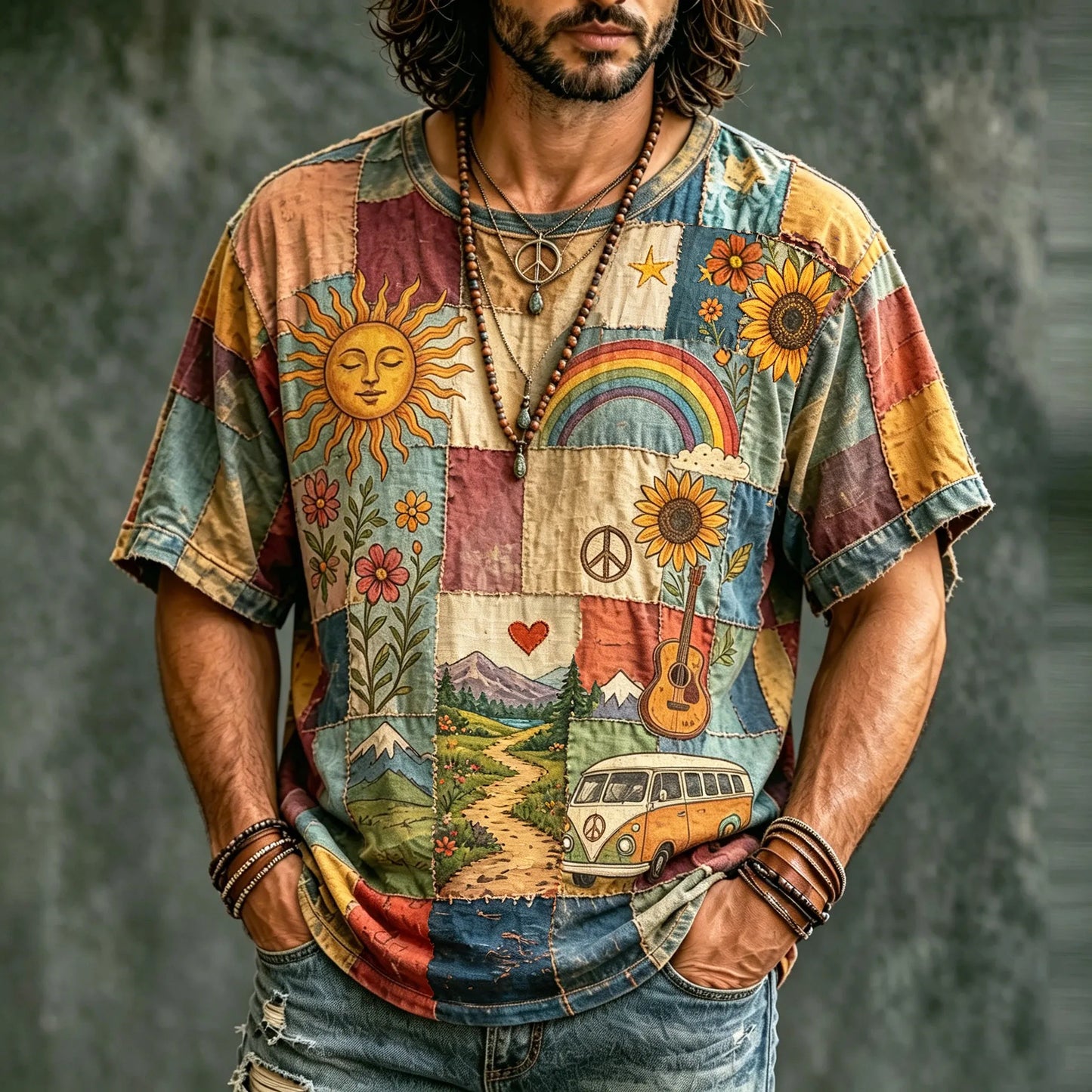 Cardydony Men's Hippie Music With Scenery Patchwork Pattern Print T-shirt