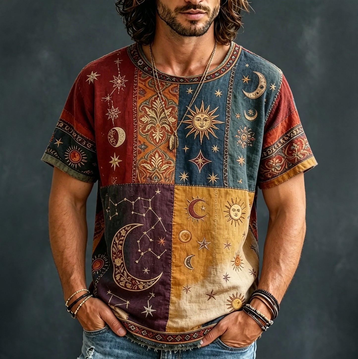 Cardydony Men's Hippie Sun Moon Patchwork Print Short Sleeve T-shirt