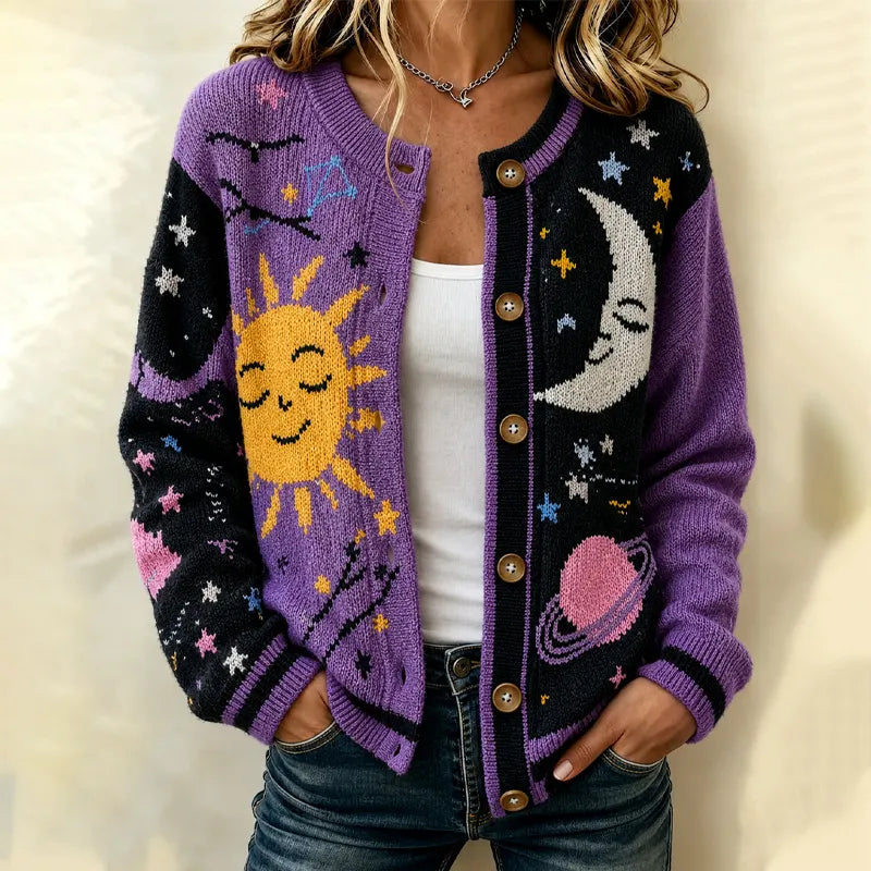Cardydony Women's Casual Cardigan With Hippie Sun, Moon, And Star Print